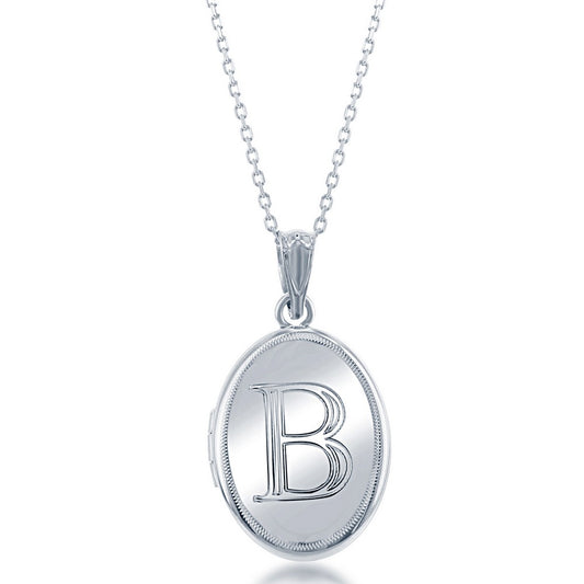 Sterling Silver Shiny Oval with Center "B" Initial Locket W/Chain