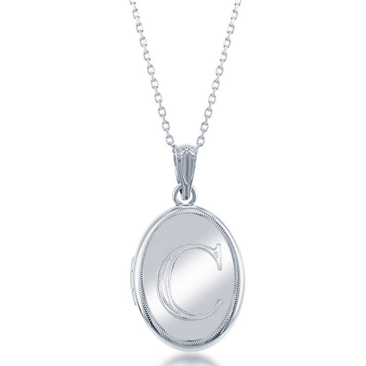 Sterling Silver Shiny Oval with Center "C" Initial Locket W/Chain