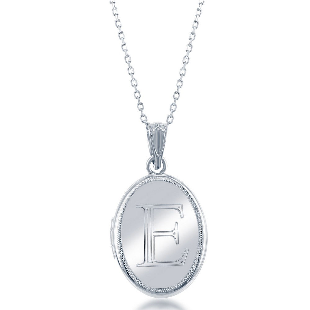 Sterling Silver Shiny Oval with Center "E" Initial Locket W/Chain