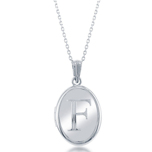 Sterling Silver Shiny Oval with Center "F" Initial Locket W/Chain