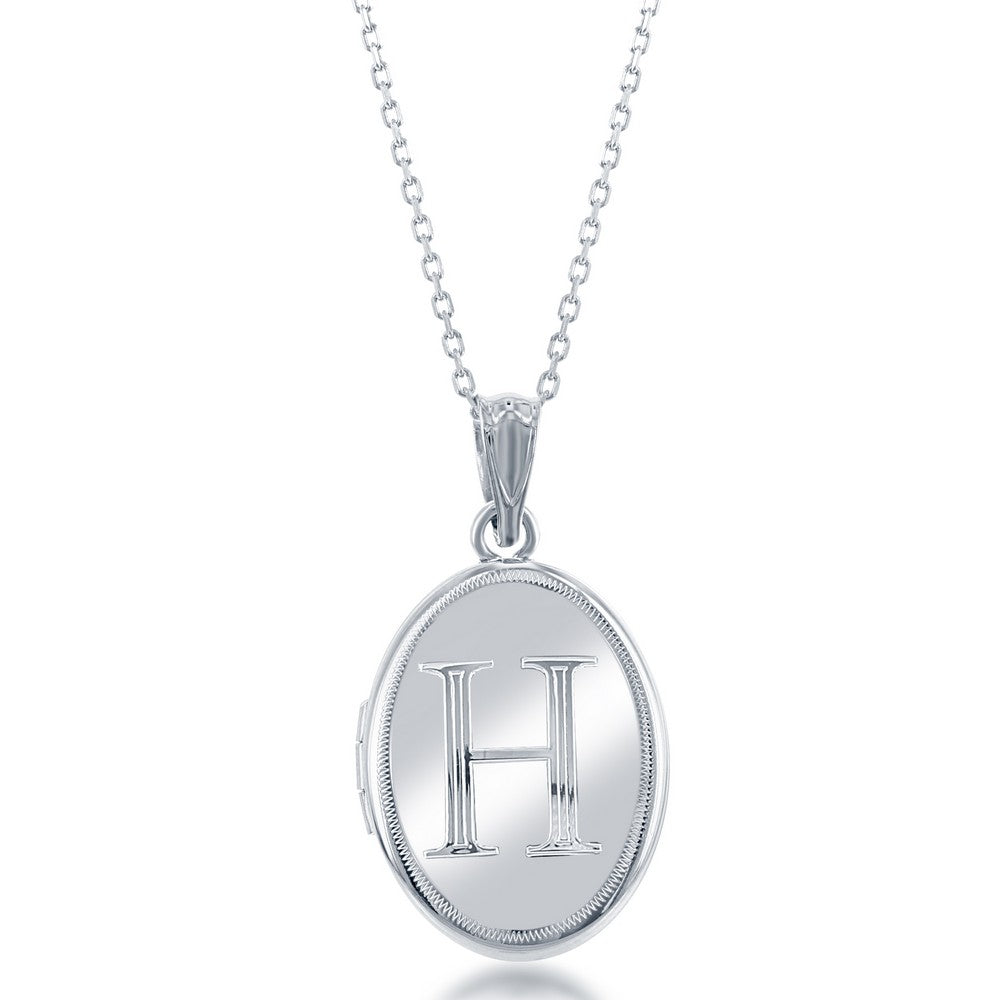 Sterling Silver Shiny Oval with Center "H" Initial Locket W/Chain