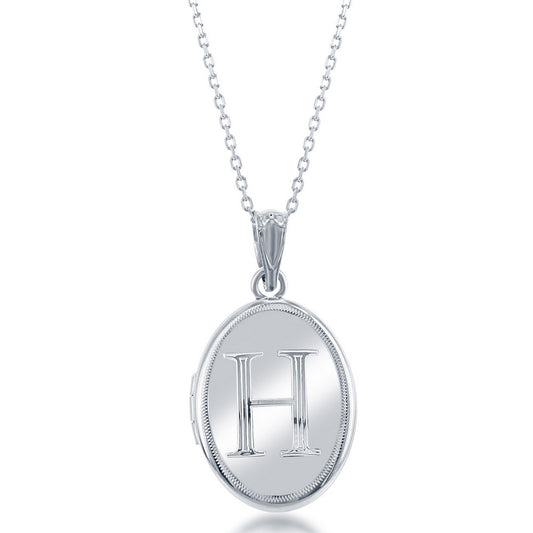 Sterling Silver Shiny Oval with Center "H" Initial Locket W/Chain