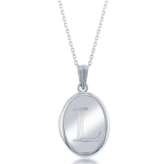 Sterling Silver Shiny Oval with Center "L" Initial Locket W/Chain