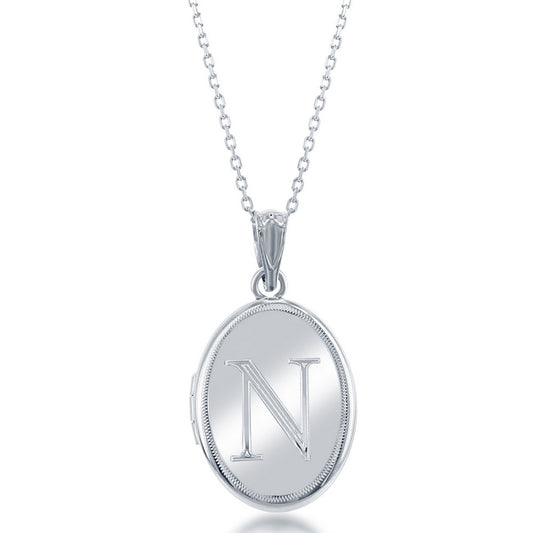 Sterling Silver Shiny Oval with Center "N" Initial Locket W/Chain