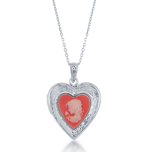 Sterling Silver Pink Stone Cameo Heart Locket W/chain