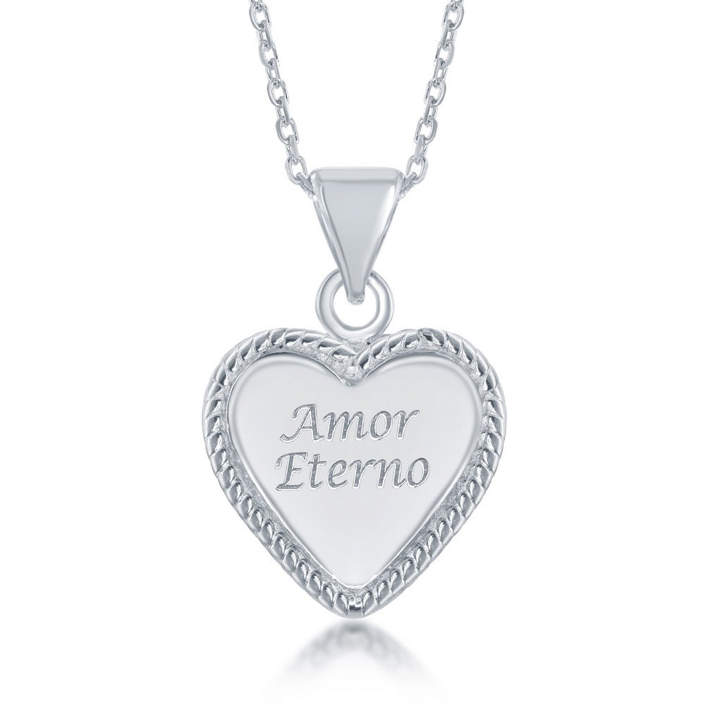 Sterling Silver "Amor Eterno" Inscribed Shiny Heart Pendant /chain