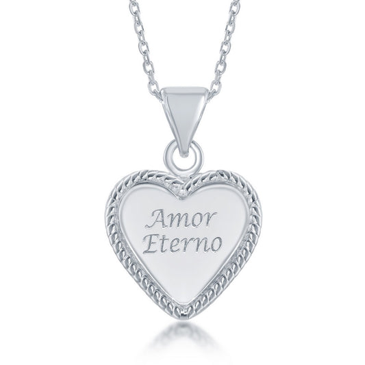 Sterling Silver "Amor Eterno" Inscribed Shiny Heart Pendant /chain