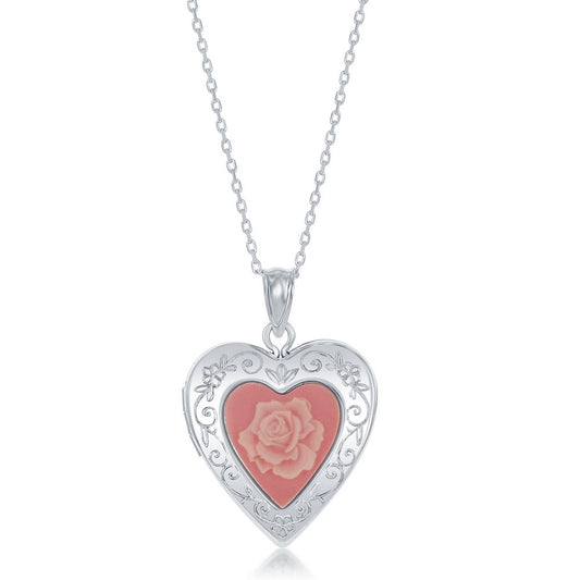 Sterling Silver Pink Stone Flower Cameo Heart Locket W/chain