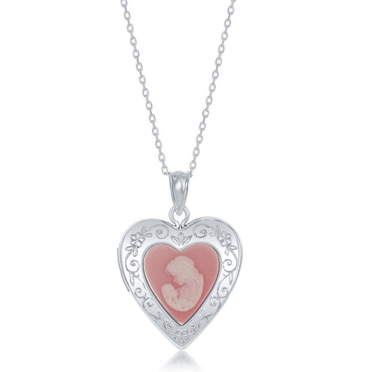 Sterling Silver Pink Stone Mother & Child Cameo Heart Locket W/chain