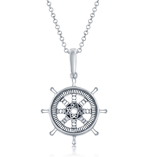 Sterling Silver, Detailed Oxidized Ship Wheel Pendant