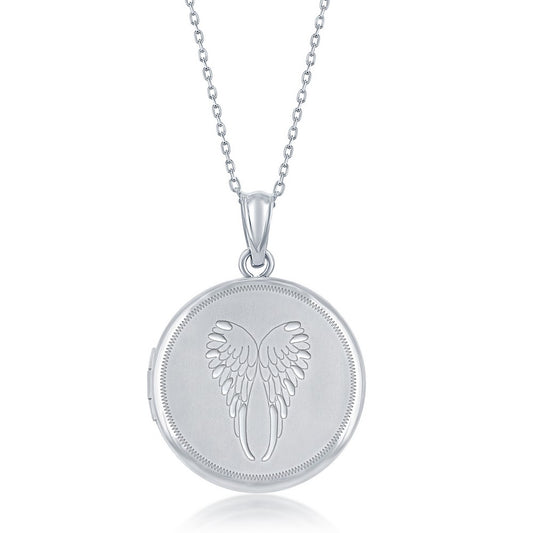 Sterling Silver Matte Angel Wings Round Locket W/chain