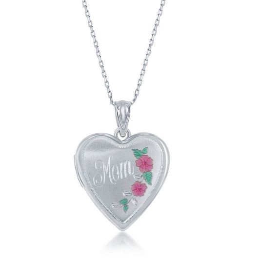 Sterling Silver Matte 'Mom' Heart Locket W/chain