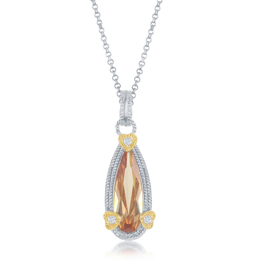 Sterling Silver Champange Tear Drop Shaped w/3 Hearts CZ Pendant