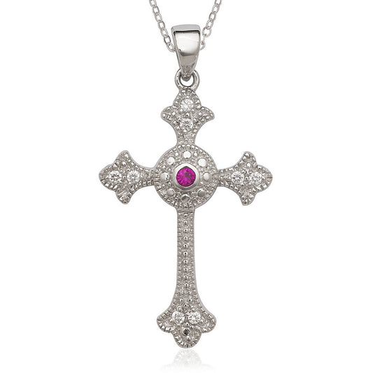 Sterling Silver Ruby & Clear CZ Cross Pendant