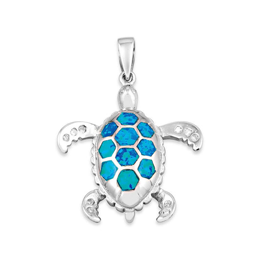 Sterling Silver Blue Inlay Opal and CZ Tortoise Pendant
