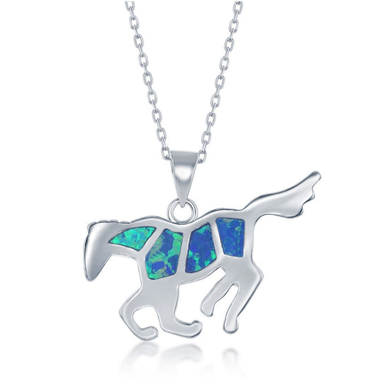 Sterling Silver Blue Inlay Opal Flat Horse Pendant
