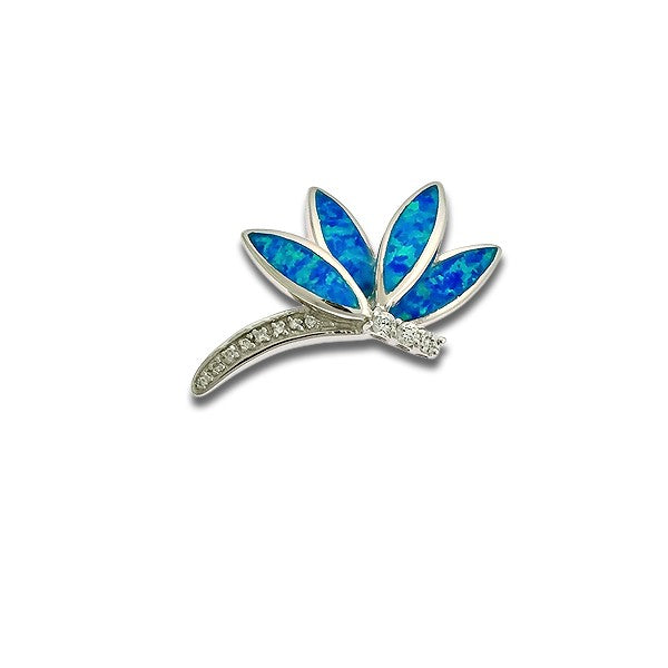 Sterling Silver Blue Inlay Opal and CZ Dragonfly Pendant