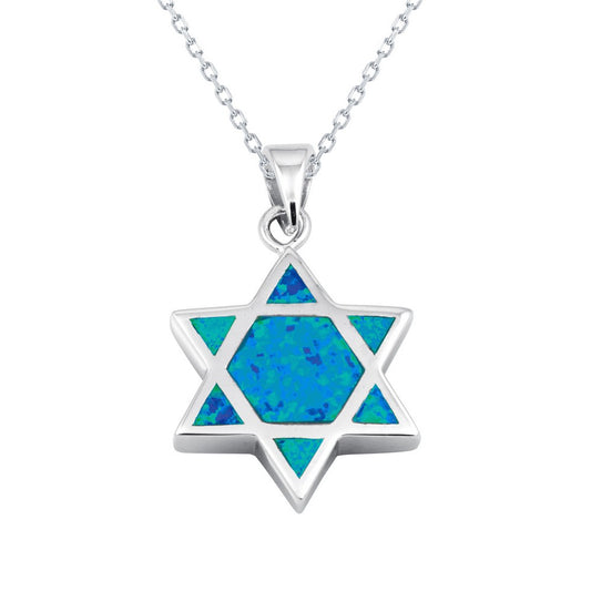 Sterling Silver Blue Inlay Opal Star of David Pendant