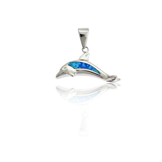 Sterling Silver Blue Inlay Opal Leaping Dolphin Pendant