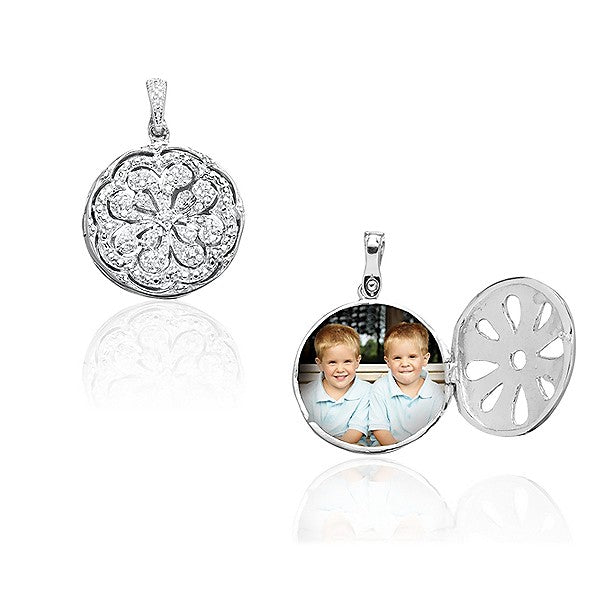 Sterling Silver CZ Circle Locket w/ Flower Design Pendant W/Chain