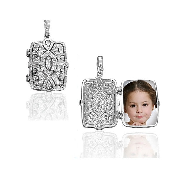 Sterling Silver CZ Rectangular Design Locket W/Chain