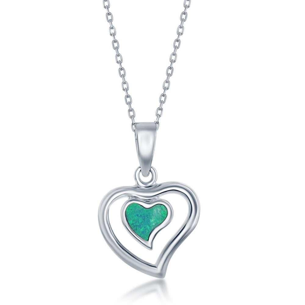 Sterling Silver Blue Inlay Opal Center Heart with Outer Open Heart Dangling Pendant