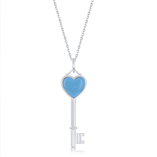 Sterling Silver Blue MOP Heart-Top Small Key Pendant