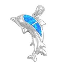 Sterling Silver Blue Inlay Opal Large Dolphin and Smaller Silver Dolphin w/ CZ Pendant