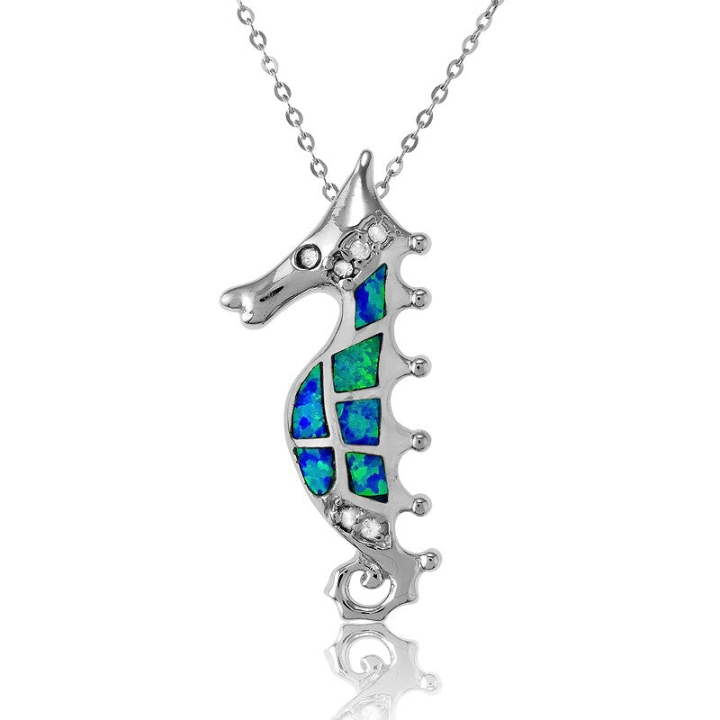 Sterling Silver Blue Inlay Opal and CZ Seahorse Pendant