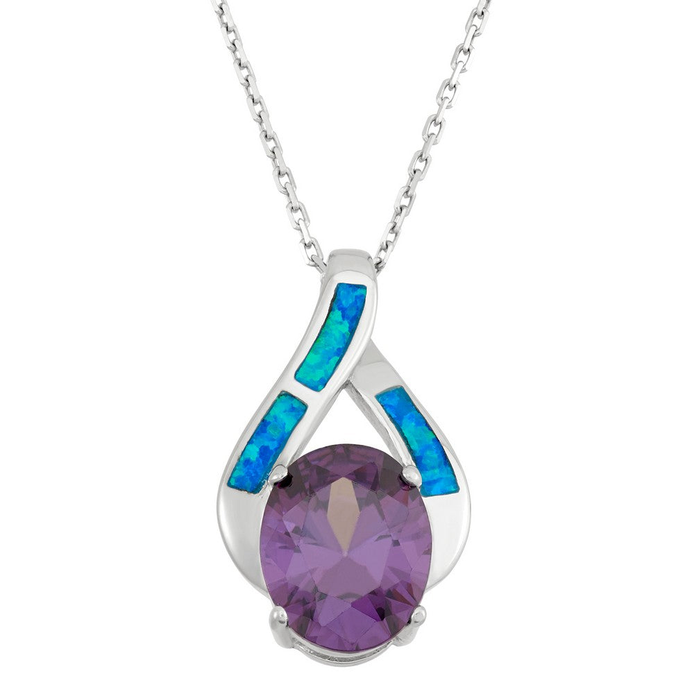 Sterling Silver Blue Inlay Opal w/Large Amethyst Oval CZ Pendant