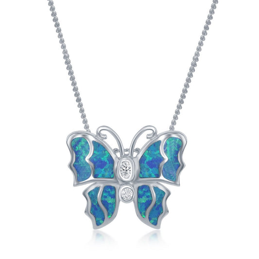 Sterling Silver Blue Inlay Opal Butterfly Pendant