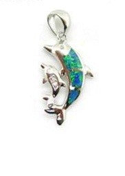 Sterling Silver Blue Inlay Opal Large Dolphin and Smaller CZ Dolphin Pendant