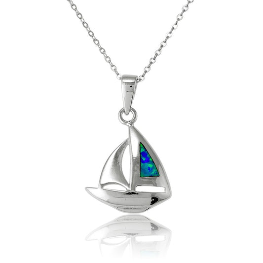 Sterling Silver Blue Inlay Opal Sailboat Pendant