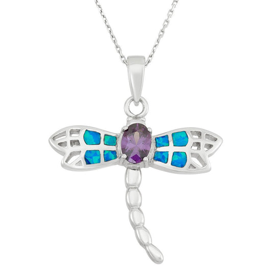 Sterling Silver Blue Inlay Opal Dragonfly w/ Center Oval Amethyst CZ Pendant