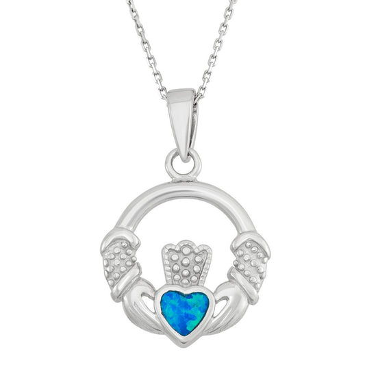 Sterling Silver Blue Inlay Opal Irish Claddagh Pendant