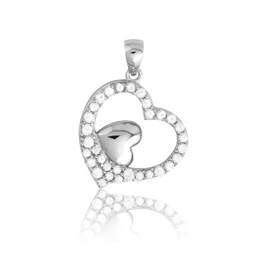 Sterling Silver CZ Outline Heart w/ Inner Silver Heart Pendant