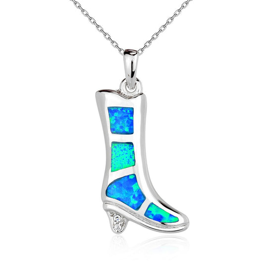 Sterling Silver Blue Inlay Opal High-Heeled Boot w/ CZ Pendant