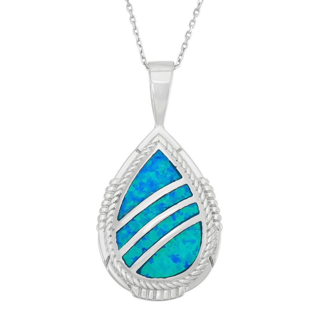 Sterling Silver Blue Inlay Opal Designed Tear Shape Pendant