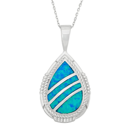 Sterling Silver Blue Inlay Opal Designed Tear Shape Pendant