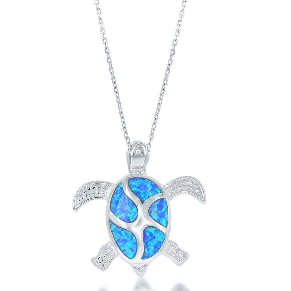 Sterling Silver Blue Inlay Opal Turtle Pendant