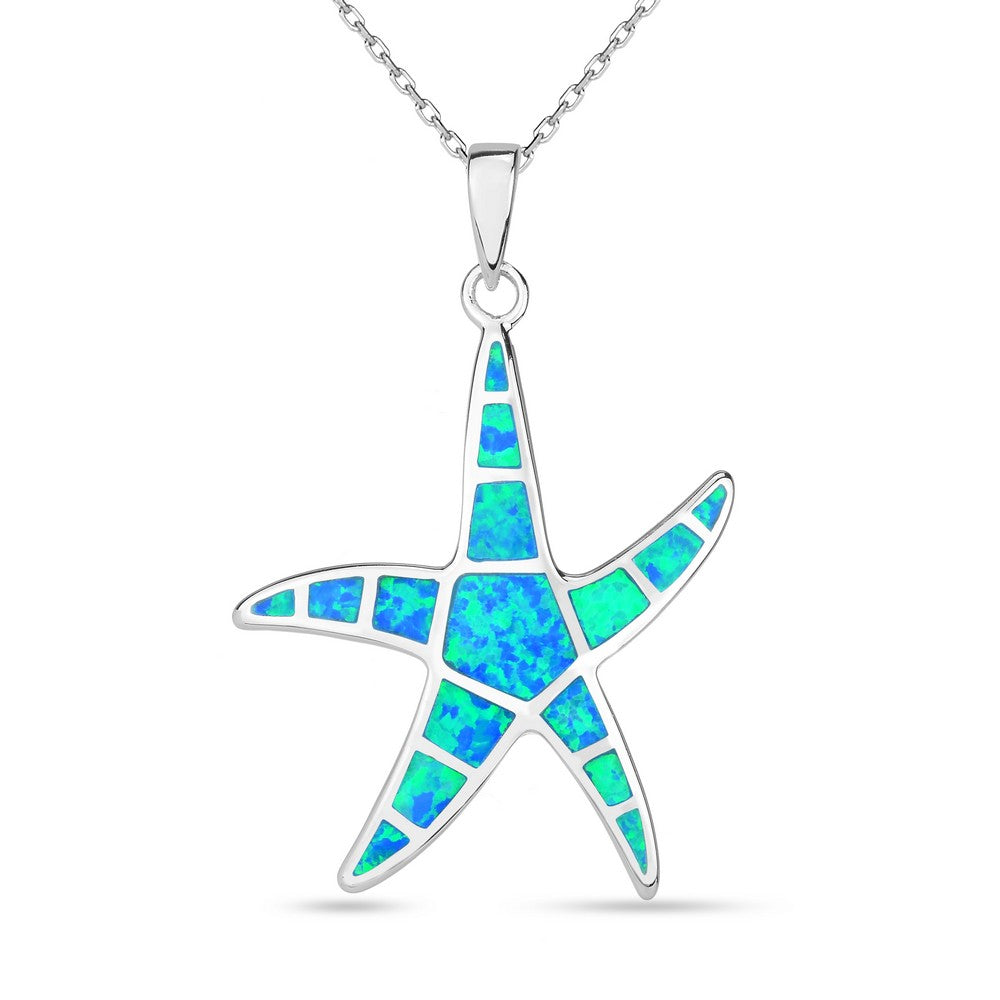 Sterling Silver Blue Inlay Opal Starfish Pendant