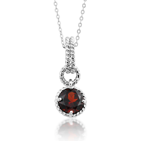Sterling Silver Round Gem Twisted Wire Circle Pendant - Garnet