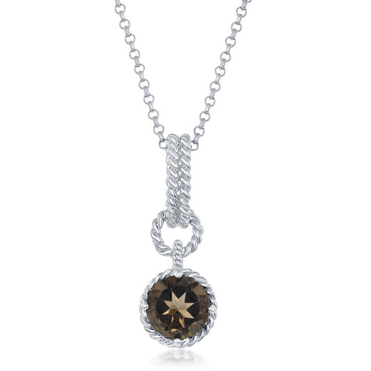 Sterling Silver Round Gem Twisted Wire Circle Pendant - Smokey Topaz