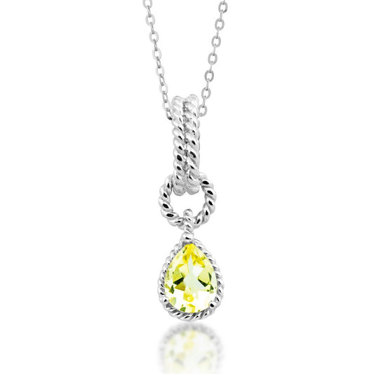 Sterling Silver Pear Shaped Gem, Wire Pendant - Lemon Quartz