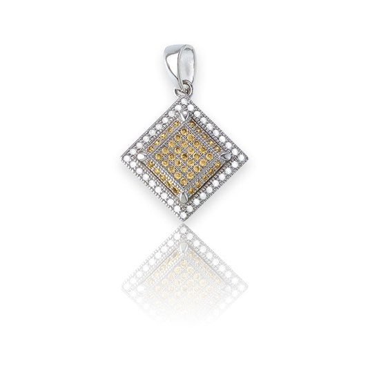 Sterling Silver White and Champagne Micro Pave Square Pendant (81 Stones)
