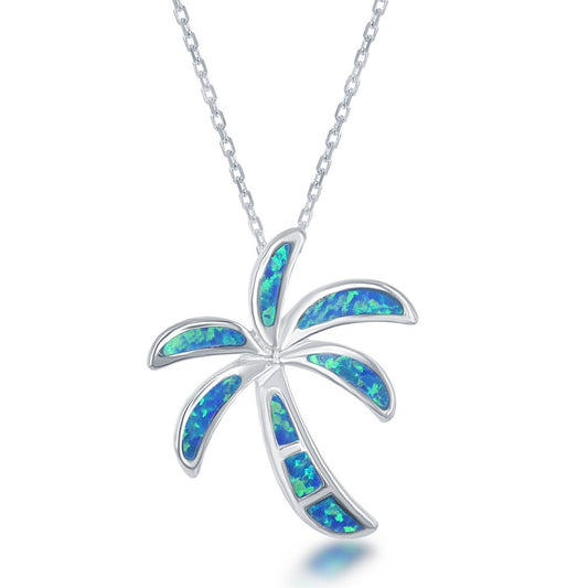 Sterling Silver Blue Inlay Opal Palm Tree Pendant