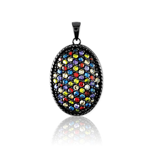 Sterling Silver Black Rhodium and Multi Colored CZ Oval Pendant