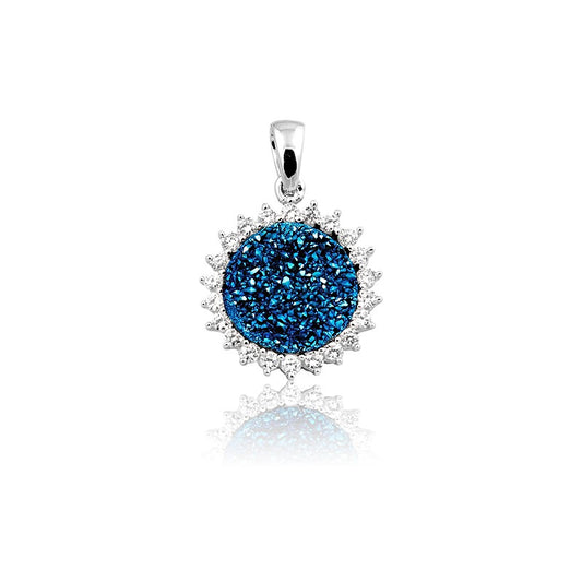 Sterling Silver Round Dark Blue Druzy w/Cz All Around Pendant
