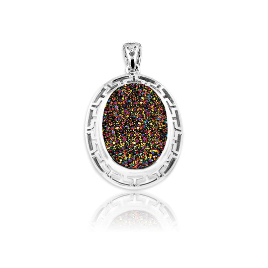 Sterling Silver Open Design Around w/Rainbow Druzy Center Oval Pendant