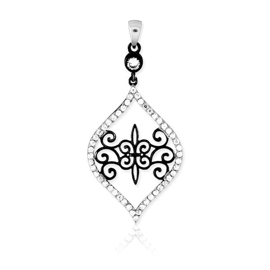 Sterling Silver Black Rhodium Open Marquise w/Fleur De Lis Swirl Inside Pendant